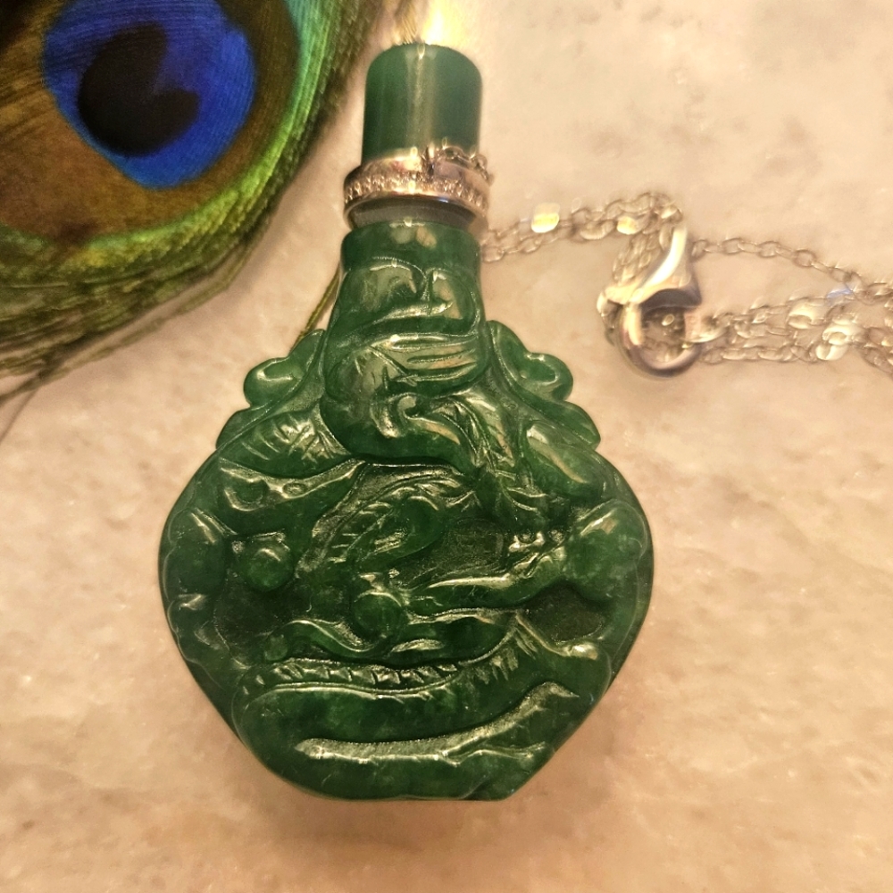 Burmese Green Jade Carved Dragon Anointing Oil Necklace